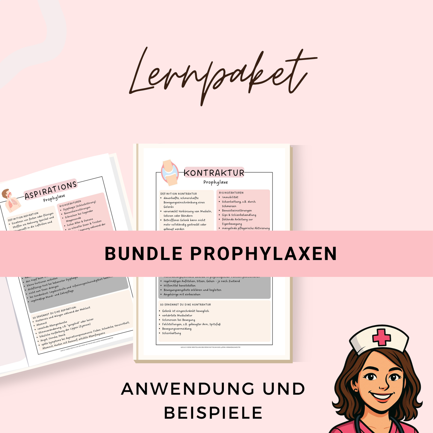Prophylaxen Lernzettel Bundle – PDF Download mit Dekubitus, Thrombose, Kontraktur, Aspiration, Obstipation & Pneumonie – Maßnahmen und Ziele
