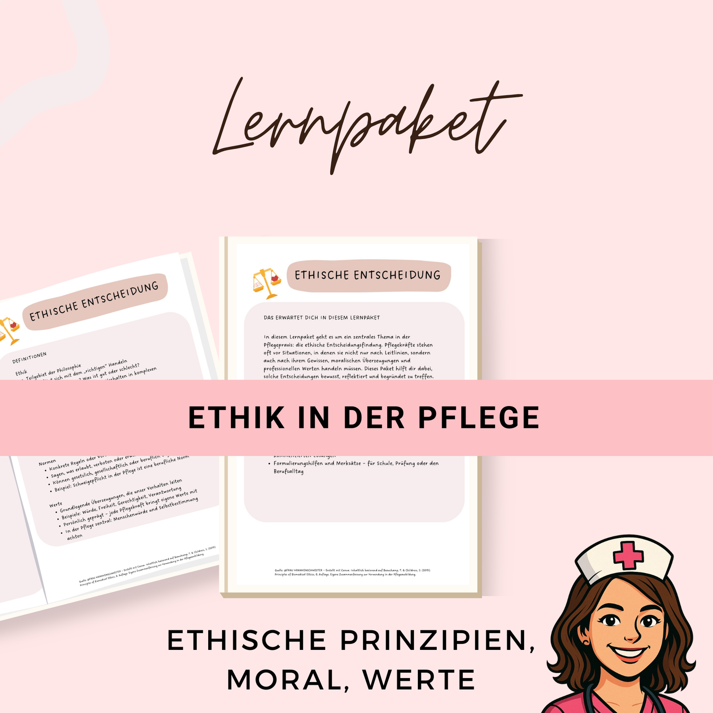 Digitaler Lernzettel Ethik in der Pflege – Definitionen, Prinzipien & Entscheidungsfindung mit Fallbeispiel – PDF Bundle
