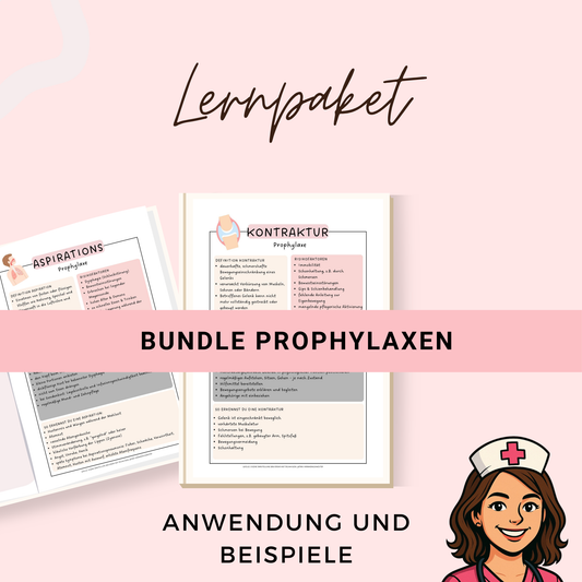 Prophylaxen Lernzettel Bundle – PDF Download mit Dekubitus, Thrombose, Kontraktur, Aspiration, Obstipation & Pneumonie – Maßnahmen und Ziele