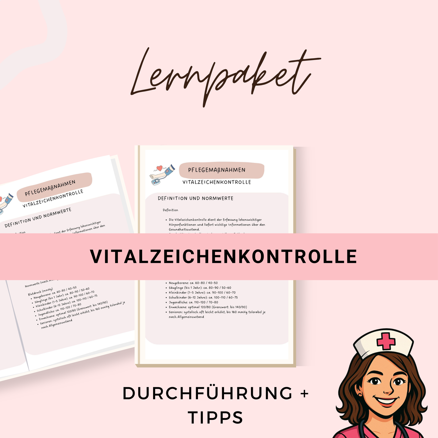 Vitalzeichenkontrolle Pflegemaßnahmen Lernzettel mit Normwerten, Vorbereitung, Durchführung und Tipps für die Pflegeausbildung PDF
